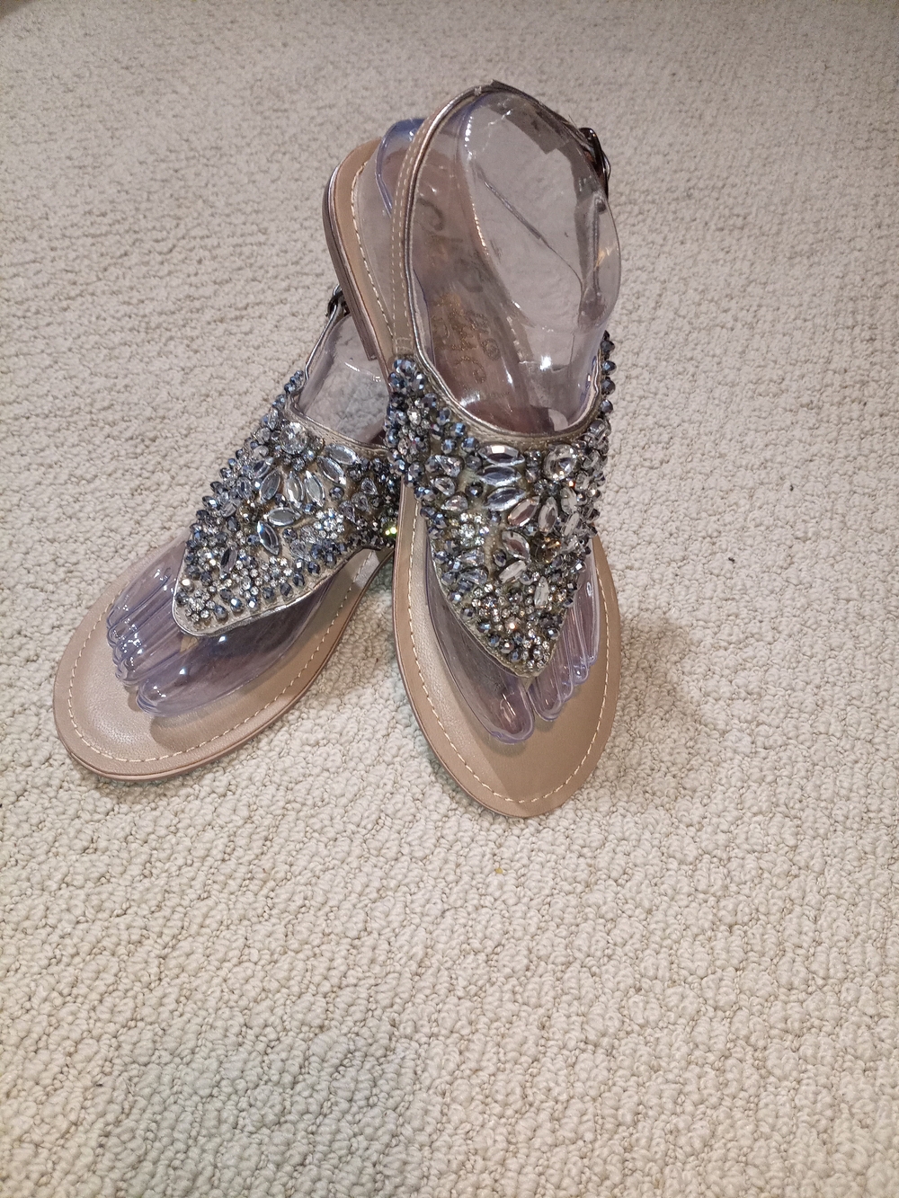naughty monkey Nude T-strap Sandals with Silver Rhinestone Embellishments